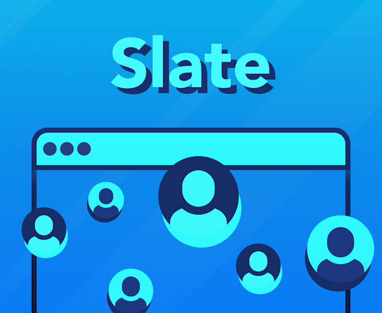 Abstract browser window with six online avatars overlaid and the word Slate appearing above.