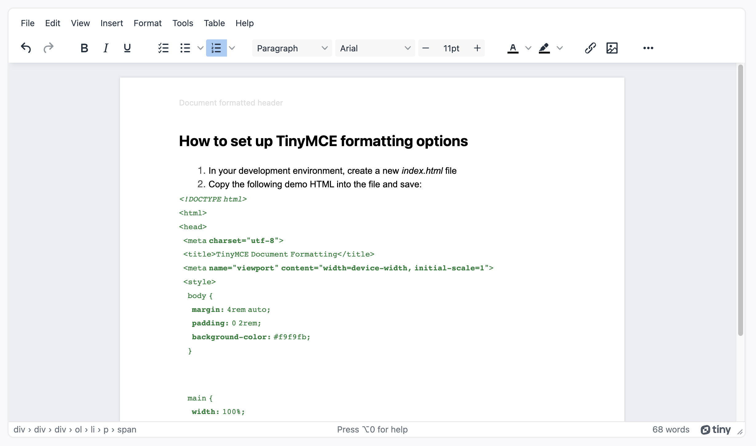 A technical document built using document formatting in TinyMCE