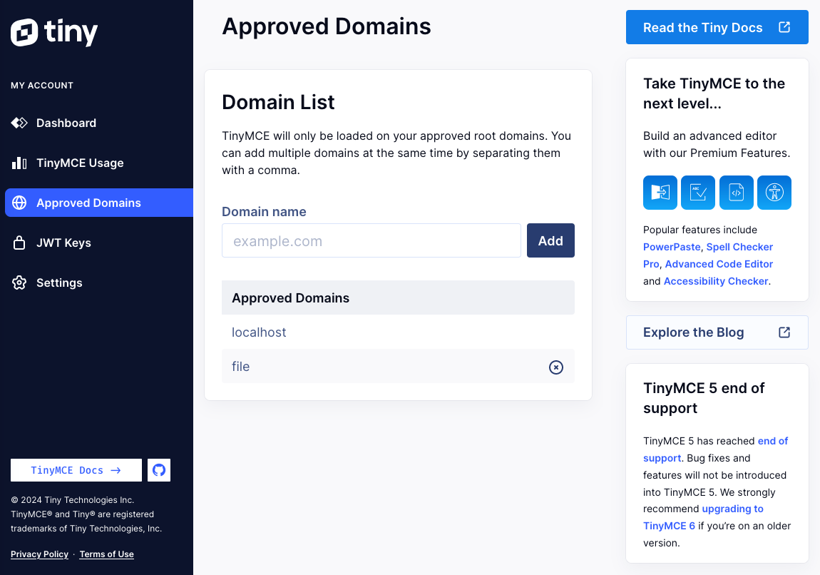 Screenshot of Tiny account with Approved Domains tab selected and approved domains displayed.