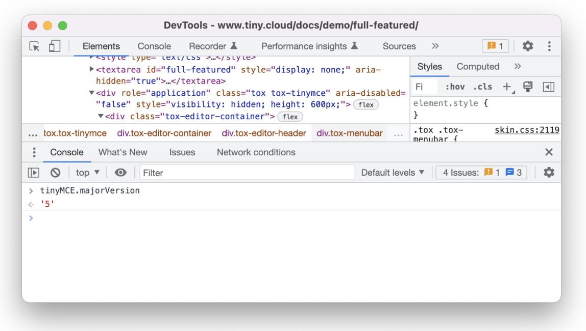 How to check TinyMCE version in browser dev console
