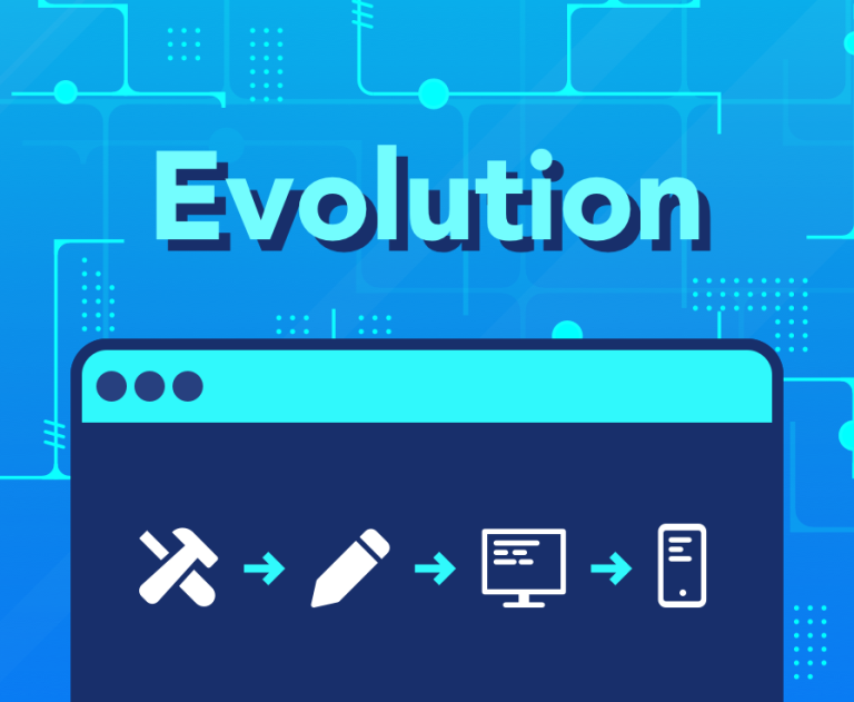 Abstract browser window with images inside representing evolution from stone tools, to pencil, to pc, to mobile. The word "Evolution" appears above.