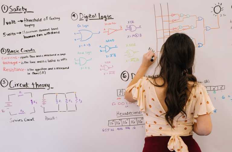 Woman teaching and drawing diagrams on a whiteboard 