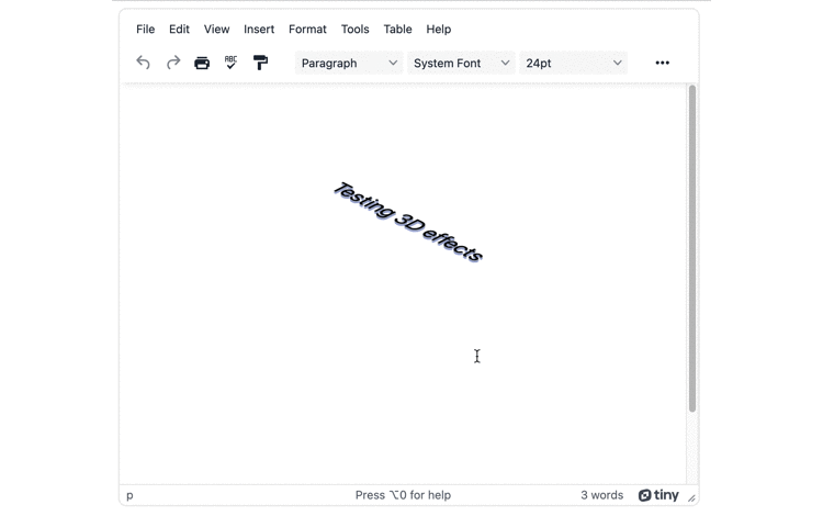 The 3D text effect working in the TinyMCE rich text editor