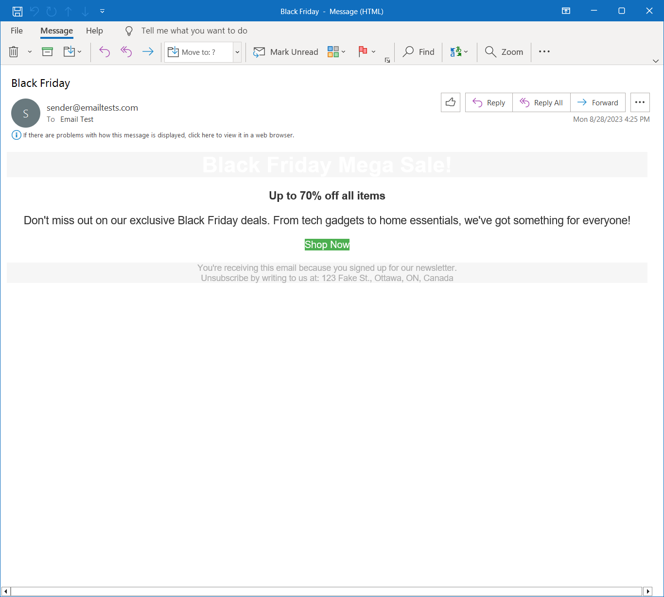 The original email rendered in Outlook