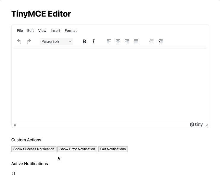 Testing the get notifications function with TinyMCE in the browser