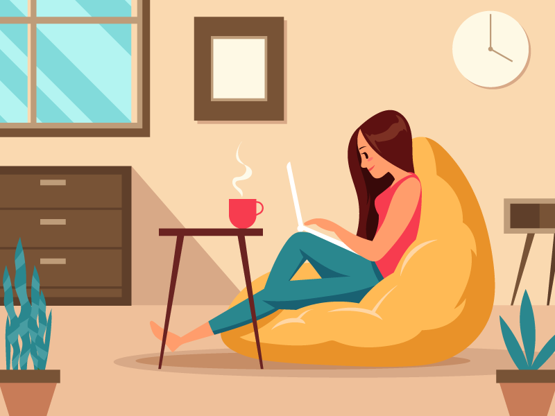 Graphic showing a woman working from home on a beanbag with a laptop and coffee.