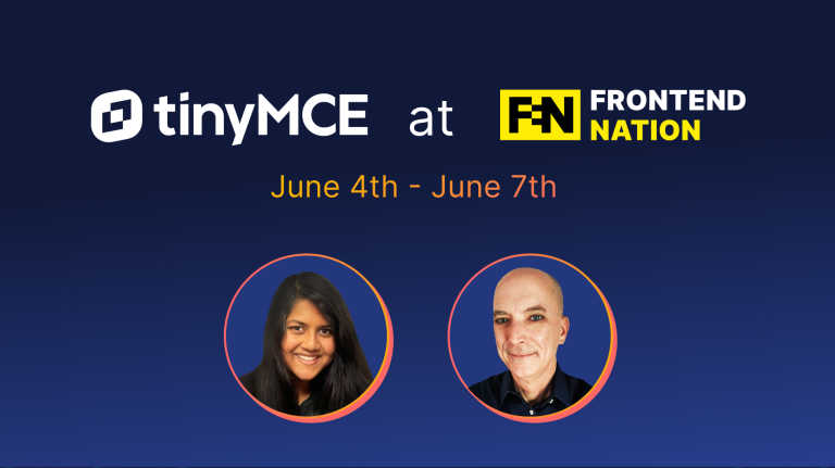 Blog banner promoting TinyMCE at the Frontend Nation event June 4th - 7th 2024 