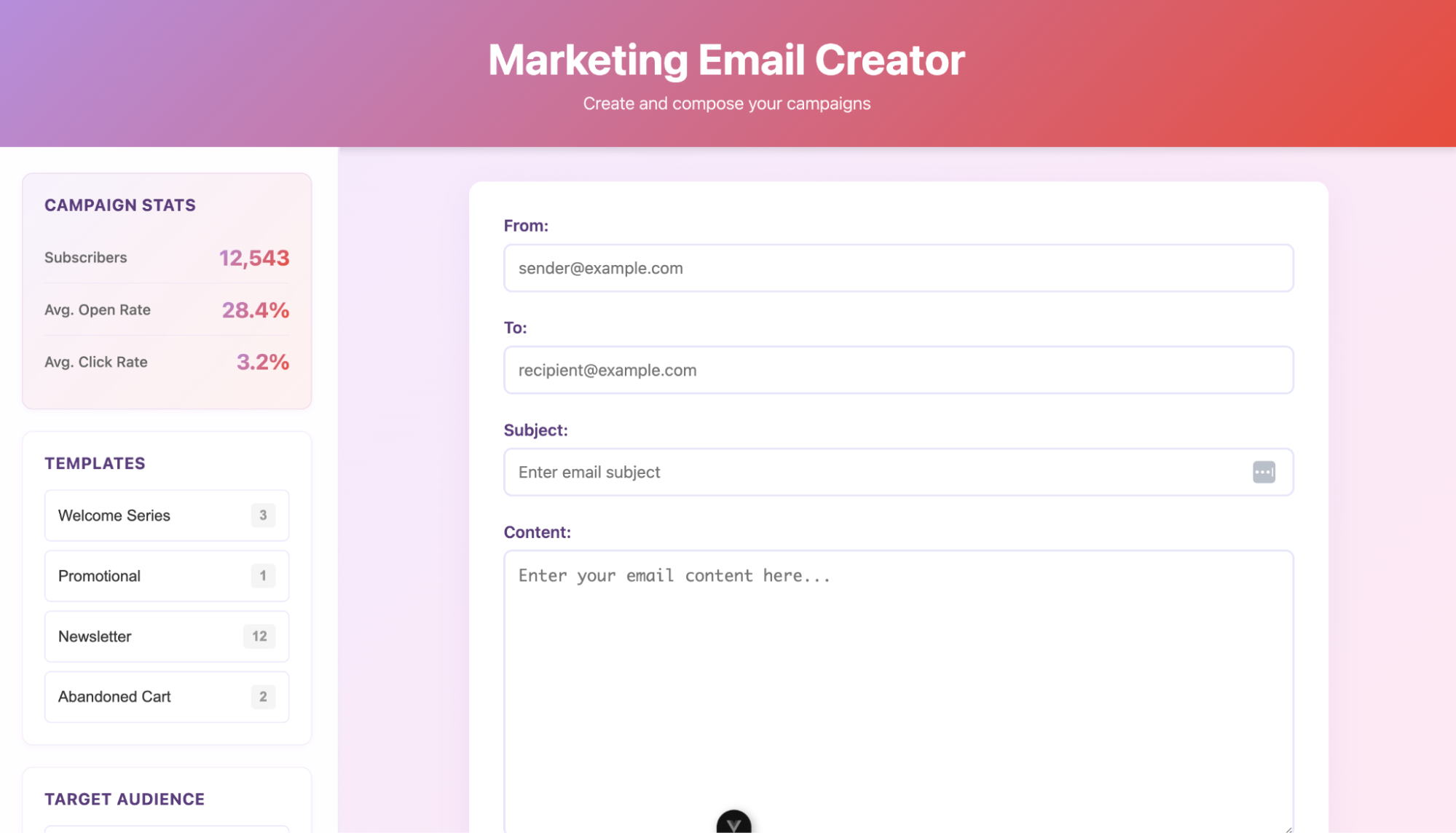 A clean Marketing Email Creator app demo in Vue.