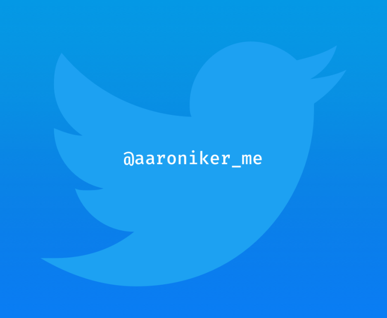 Twitter logo with tag @aaroniker_me in the center.