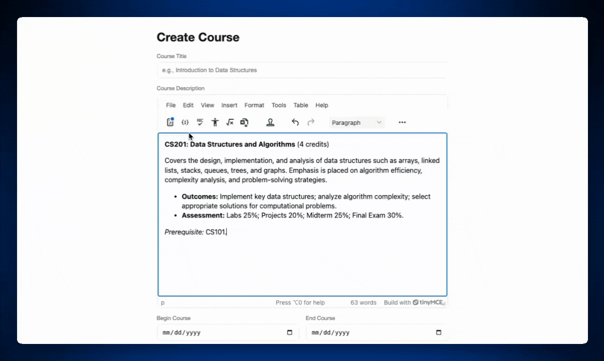 A GIF of the web component rich text editor TinyMCE working with the tracking changes feature