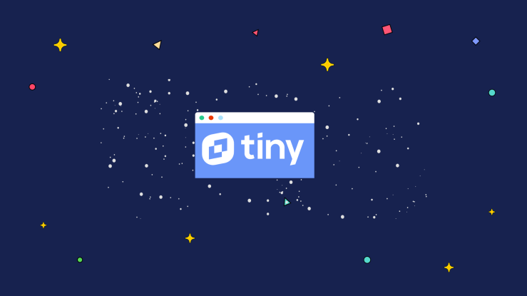 The TinyMCE editor emerging from space, with the Tiny logo in a simplified editor, showing Tiny is free, moving around in space