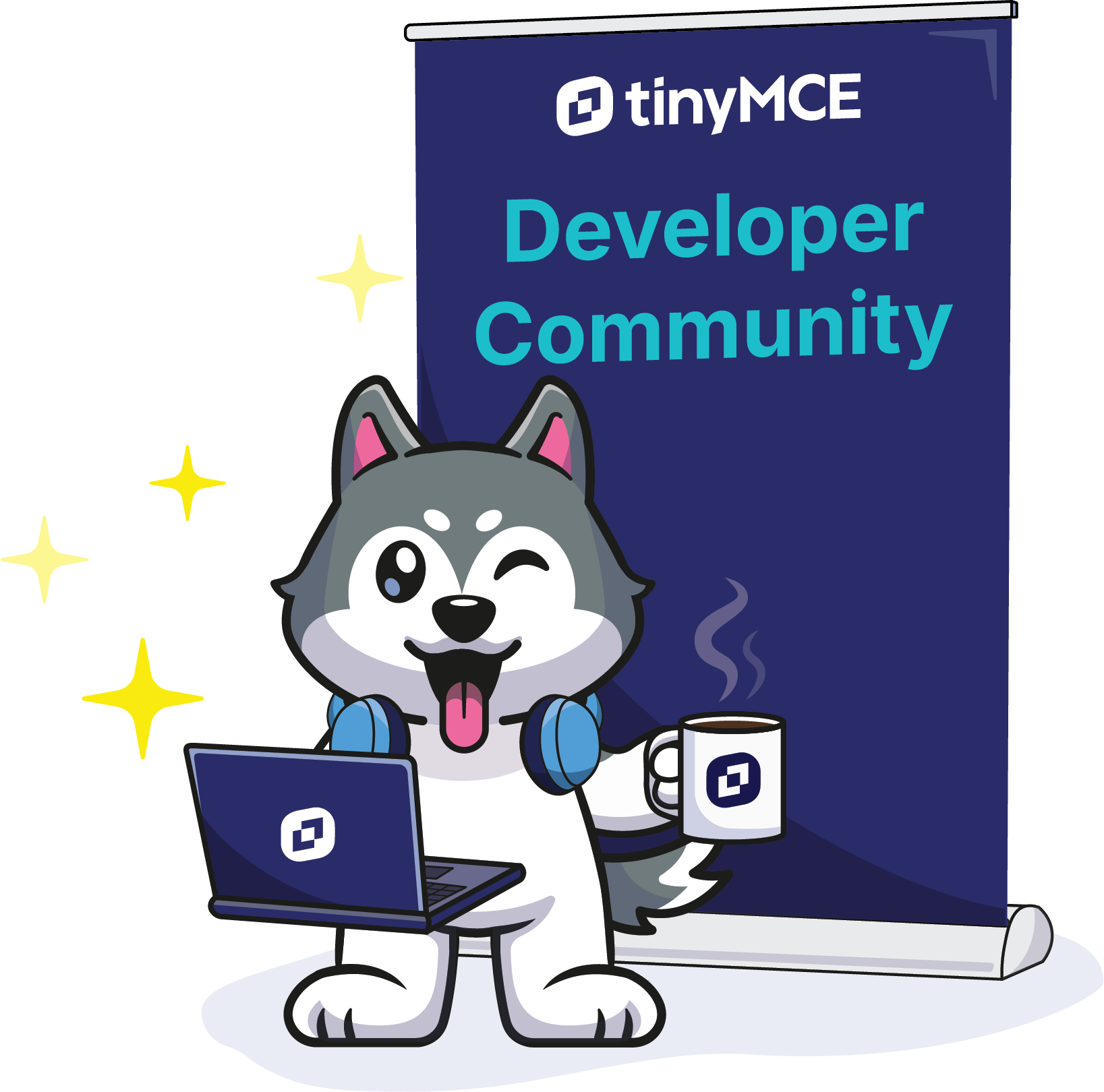 The TinyMCE mascot Dash stands with a laptop and a coffee mug both showing the TinyMCE logo