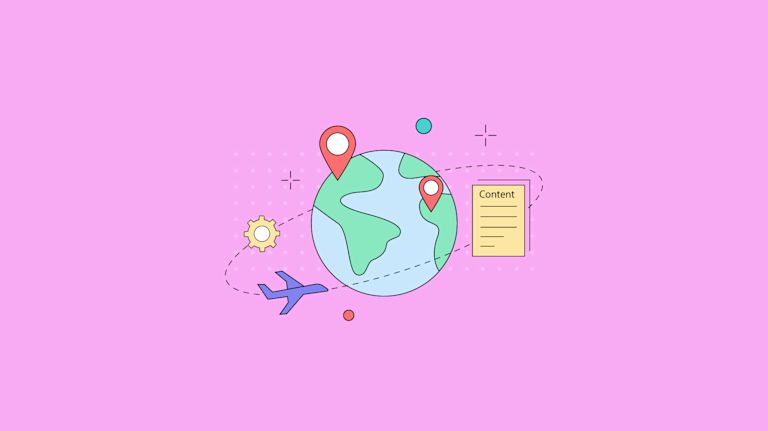 content and plane icons travel around a globe, representing content localization strategy