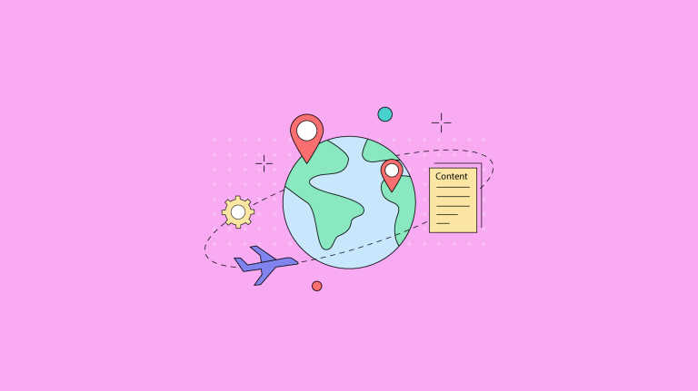 content and plane icons travel around a globe, representing content localization strategy