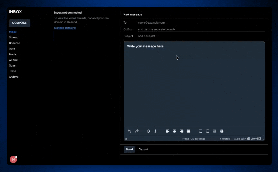 The rich text editor web component TinyMCE working in a React email messaging system
