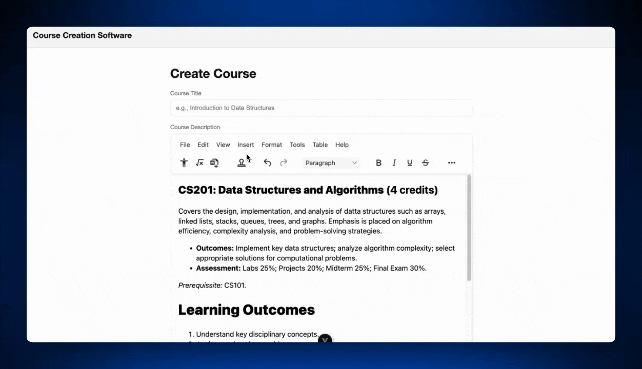 A GIF of a Create Course page inside a Learning Management System using TinyMCE with Accessibility Checker