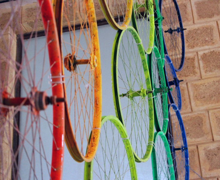 Bike wheels painted different colors