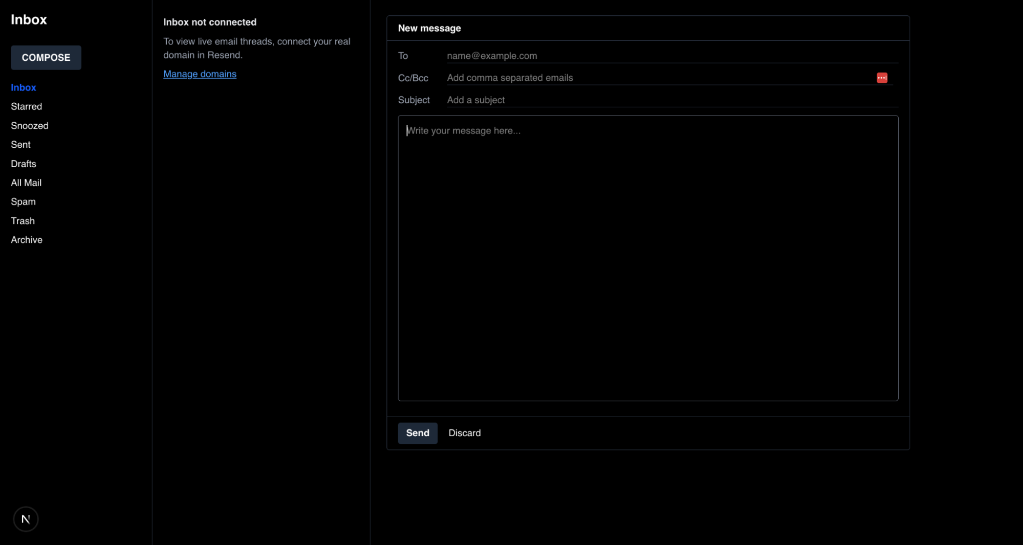 A basic email messaging system app wireframe