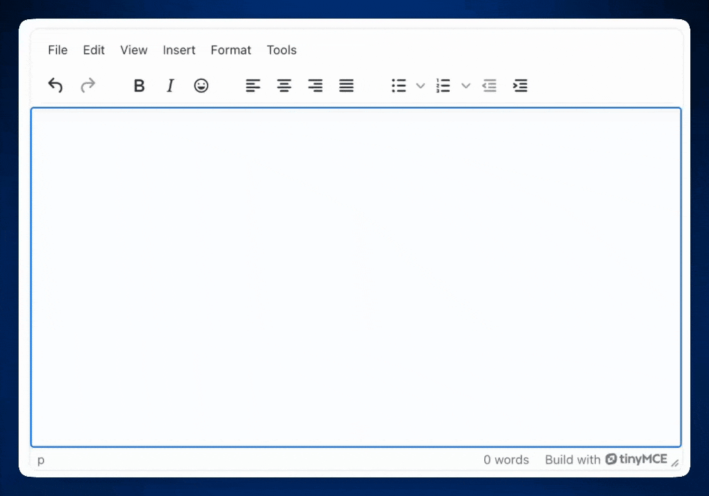A GIF of the rich text editor TinyMCE in the web framework React with an emoji picker