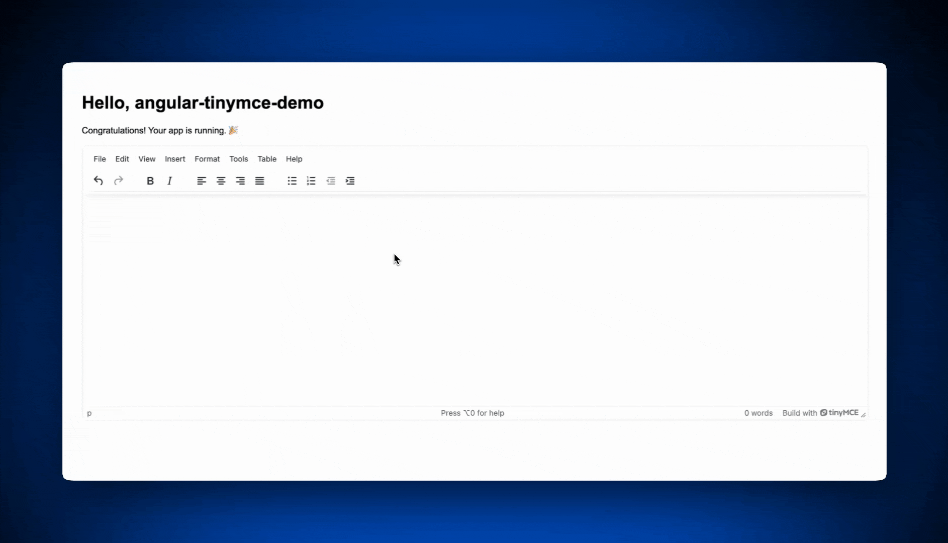 A GIF of the rich text editor TinyMCE inside an Angular application