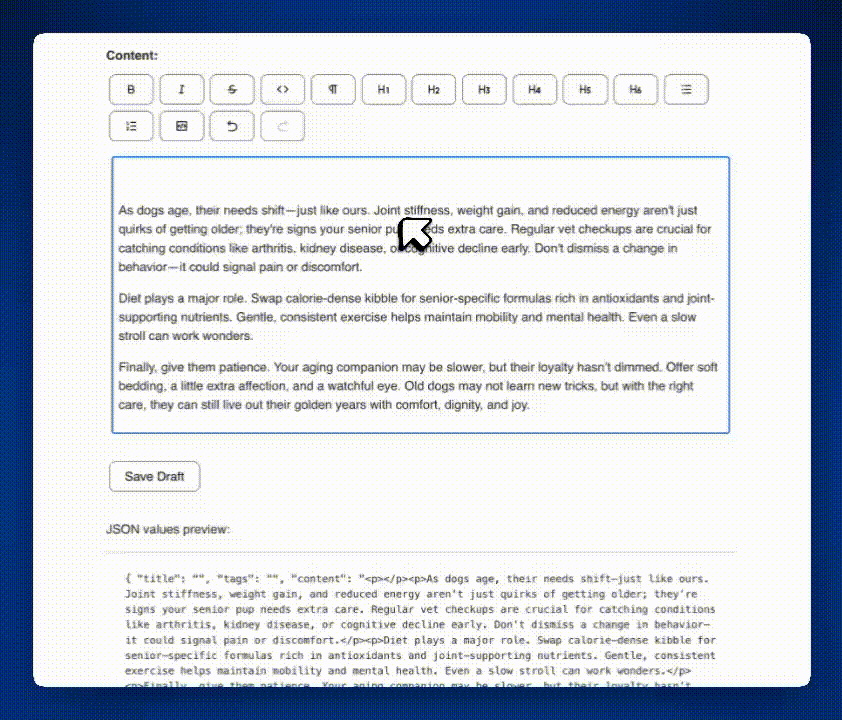 A GIF of Tiptap working in a React CMS app