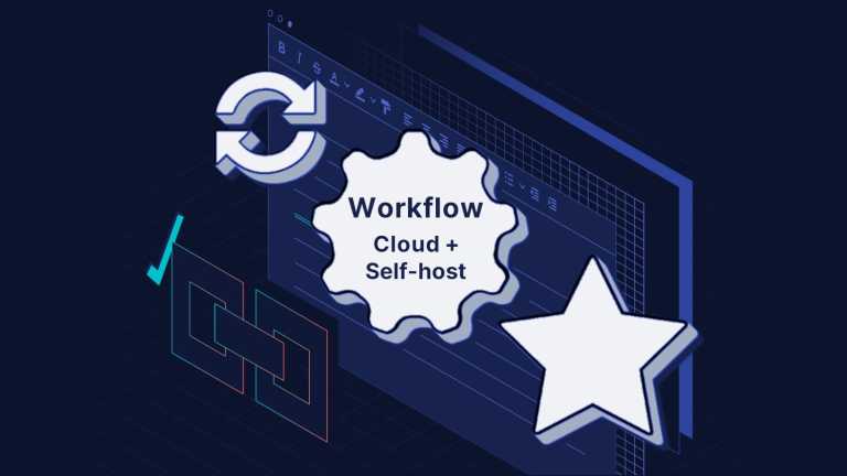 The workflow config, self-hosted and cloud, in the cloud represented by arrow, gear, and star icons