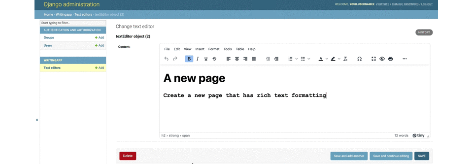 An enriched text field working with TinyMCE in the browser