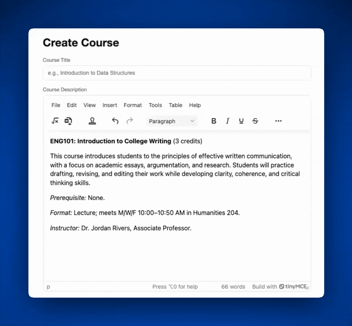 A GIF of a Create Course page inside a Learning Management System using TinyMCE with Export to Word