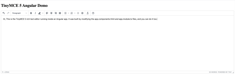 An instance of a TinyMCE 5 Angular Demo 