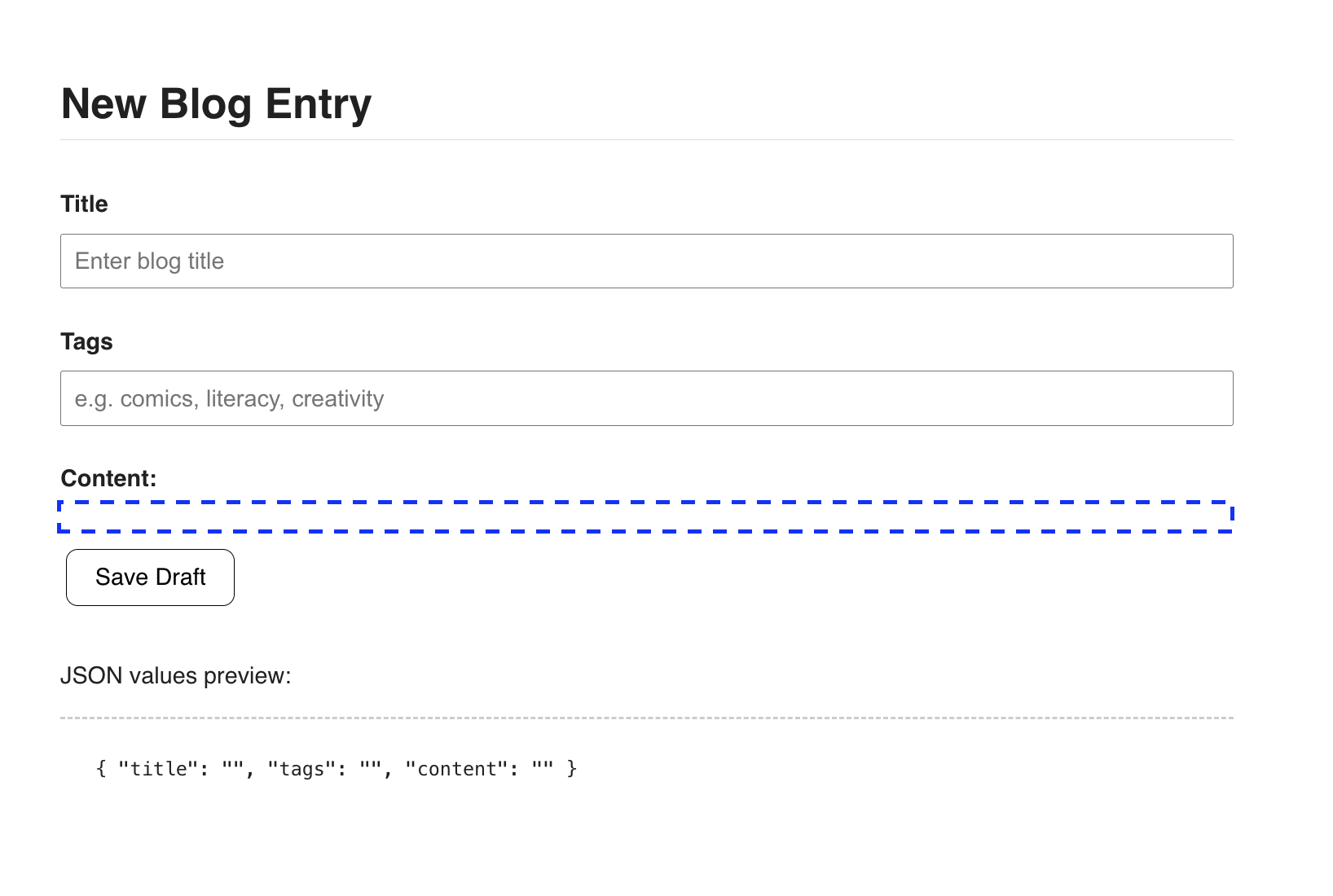 An image of a basic React blog creation page without any rich text editor in the textarea. 