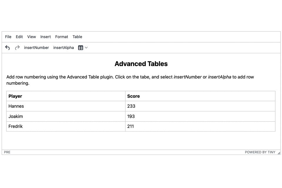 The new advanced tables feature - adding in a column with numbers in ascending order.