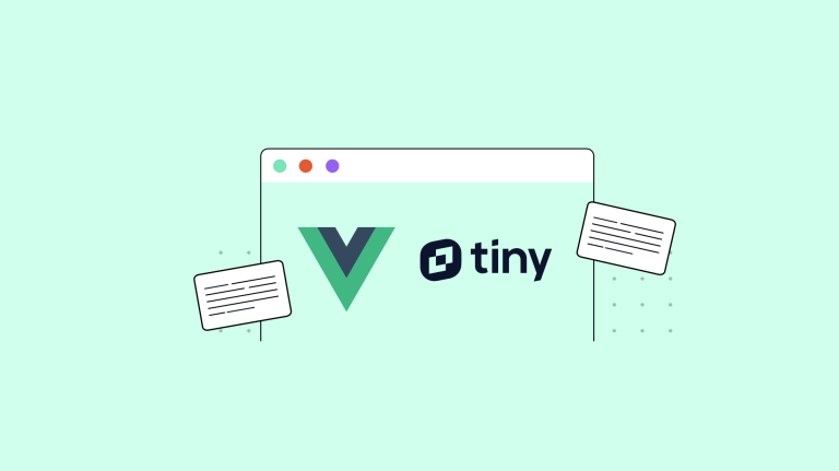 The Vue logo displayed on a large background inside a text editor with TinyMCE