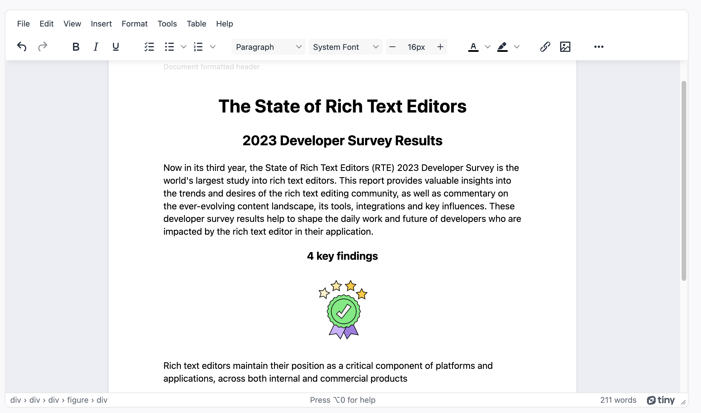 A research report built with TinyMCE document formatting features