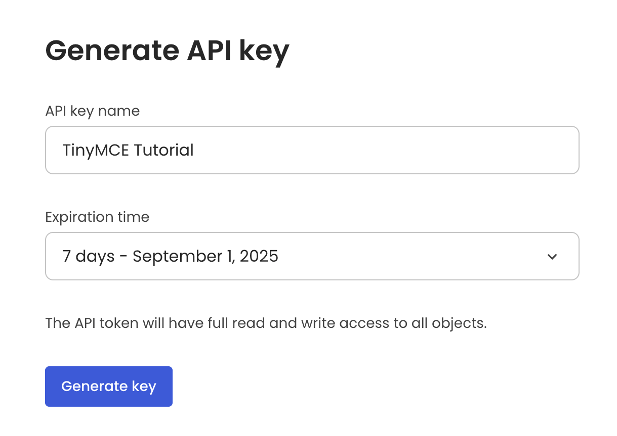 Nylas Generate API key page with a textbox to enter a key name and a combobox to select the expiration time.