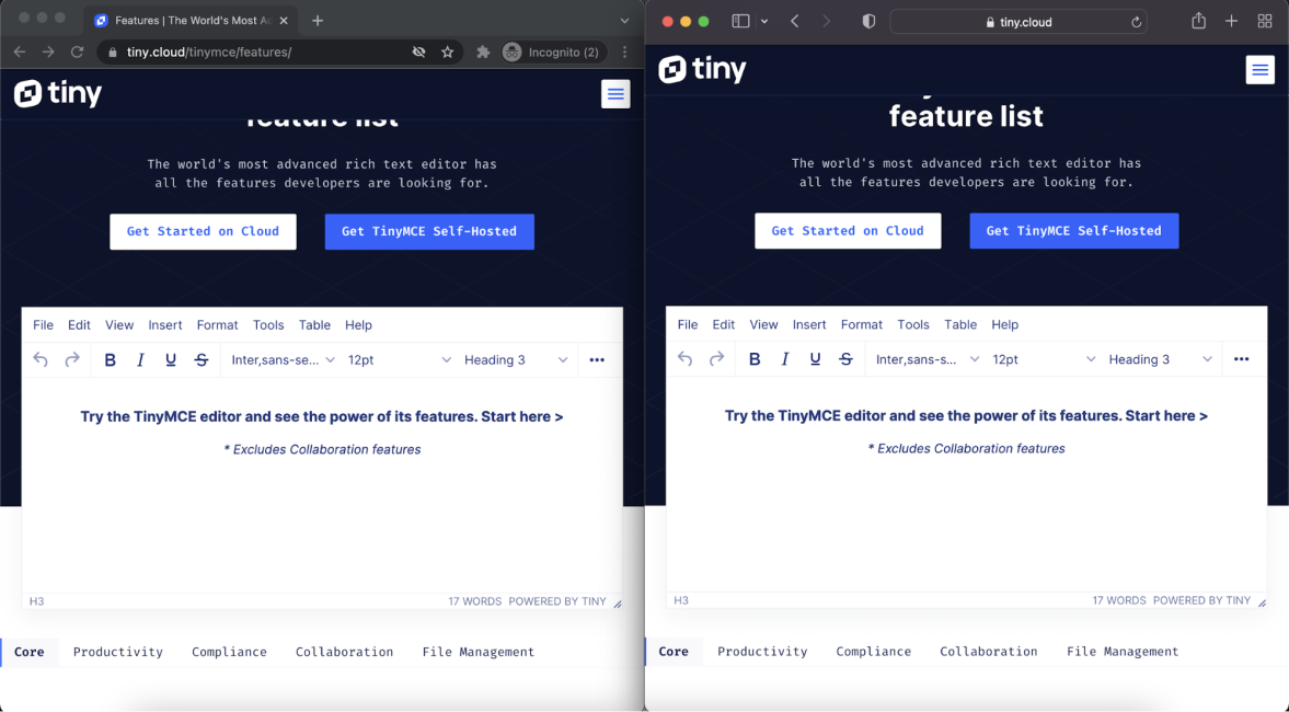 TinyMCE browser adaptation show in a side by side comparison