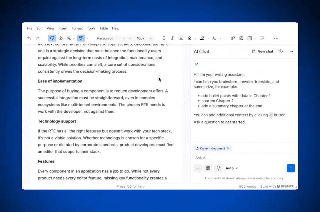 A demo GIF of TinyMCE AI