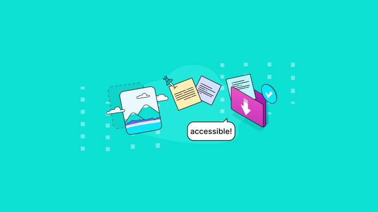 Images, notes, and files float on a blue field with the word accessible in a bubble dialog box, signaling TinyMCE's accessibility features.