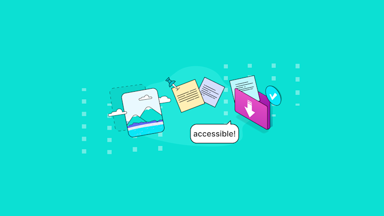 Images, notes, and files float on a blue field with the word accessible in a bubble dialog box, signaling TinyMCE's accessibility features.