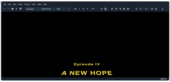 The dark oxide skin with TinyMCE and Star Wars text working