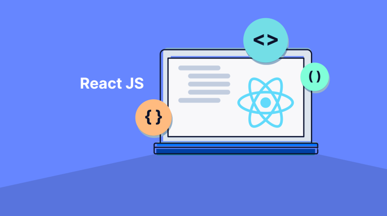 Elements of JavaScript reference React while images on a computer screen represent the text editor
