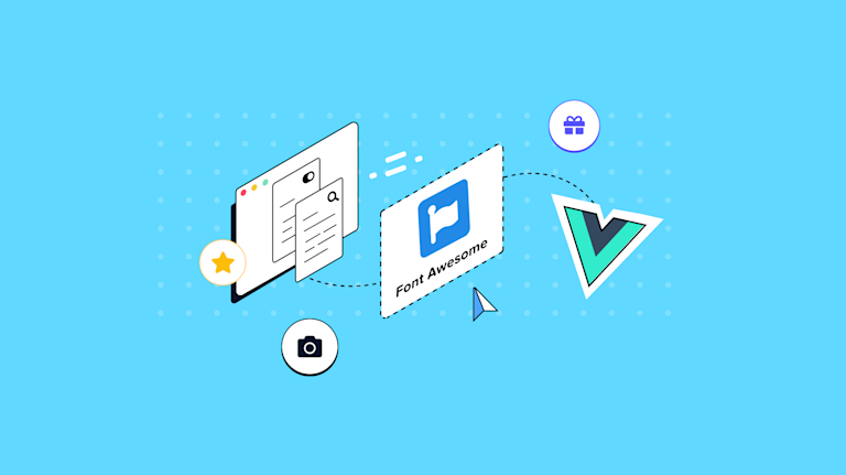 Font Awesome conencting with the Vue logo, showing the process of connecting Vue with Font Awesome