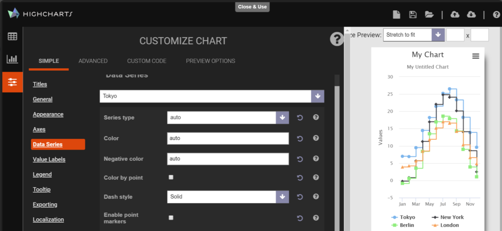 Tiny Partner Highcharts dashboard customize view