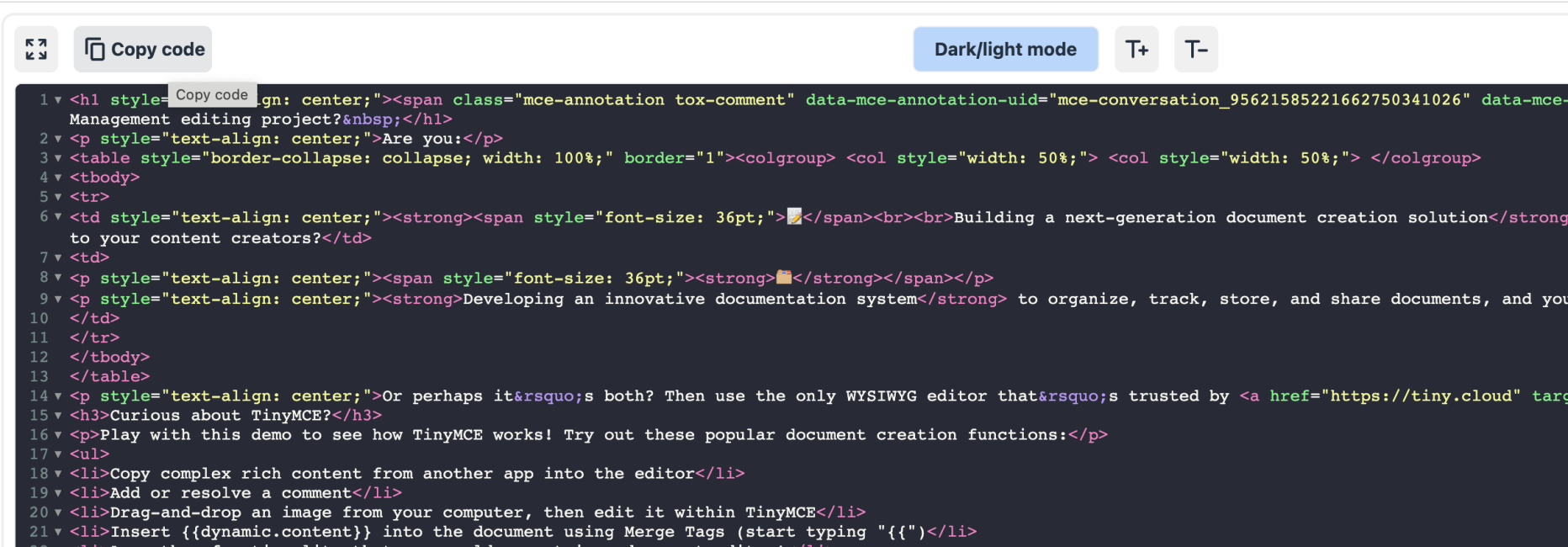 The dark mode view active in the source code editor