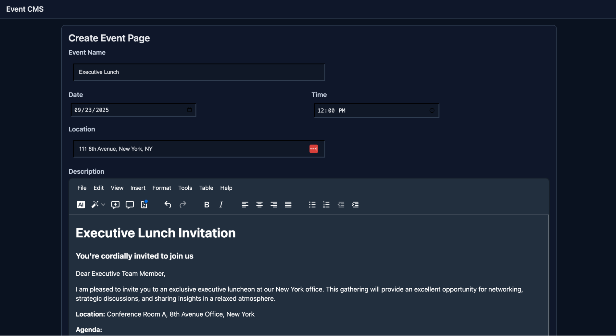 An event page content management system with TinyMCE installed.