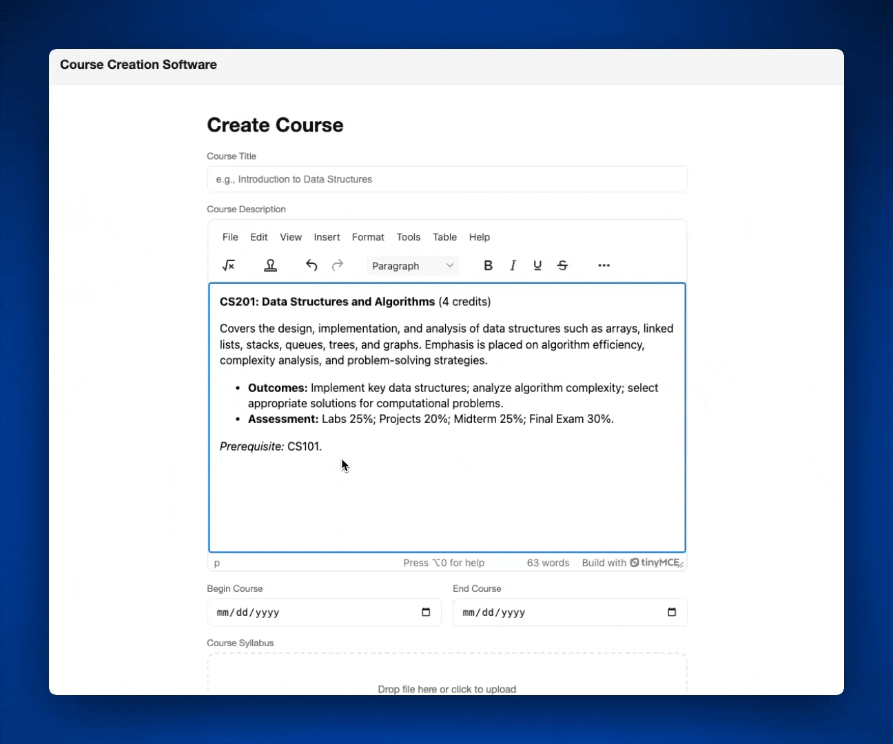 A GIF of a Create Course page inside a Learning Management System using TinyMCE with Math Equations