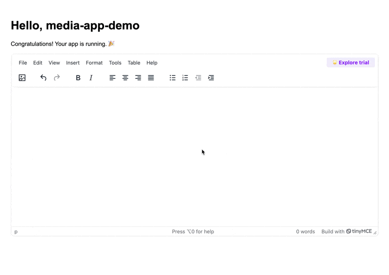 A user upload an image of a capybara into the rich text editor TinyMCE using the Media Optimizer plugin