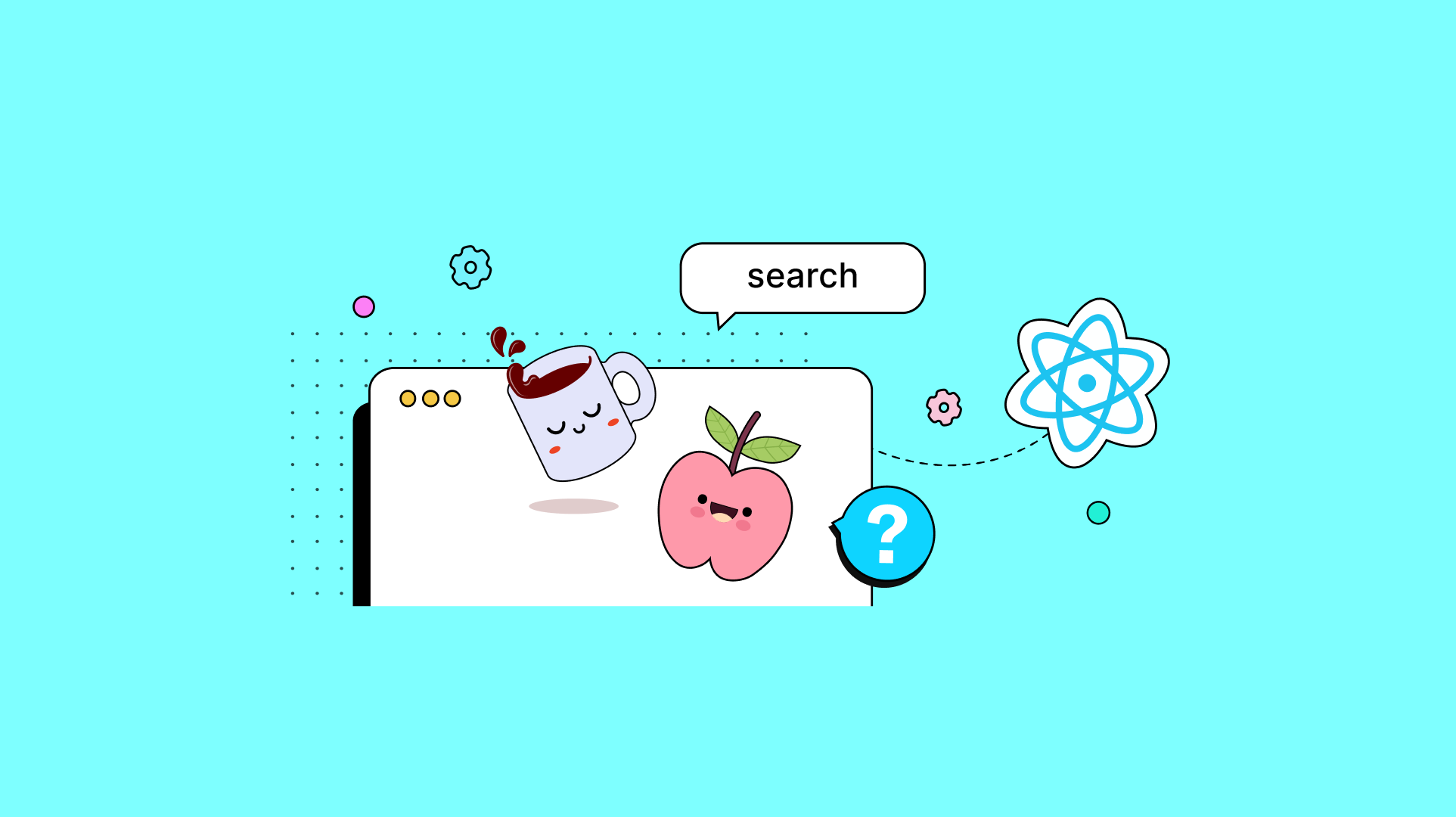 A pair of happy icons team up with the React library logo to work on font awesome in React JS
