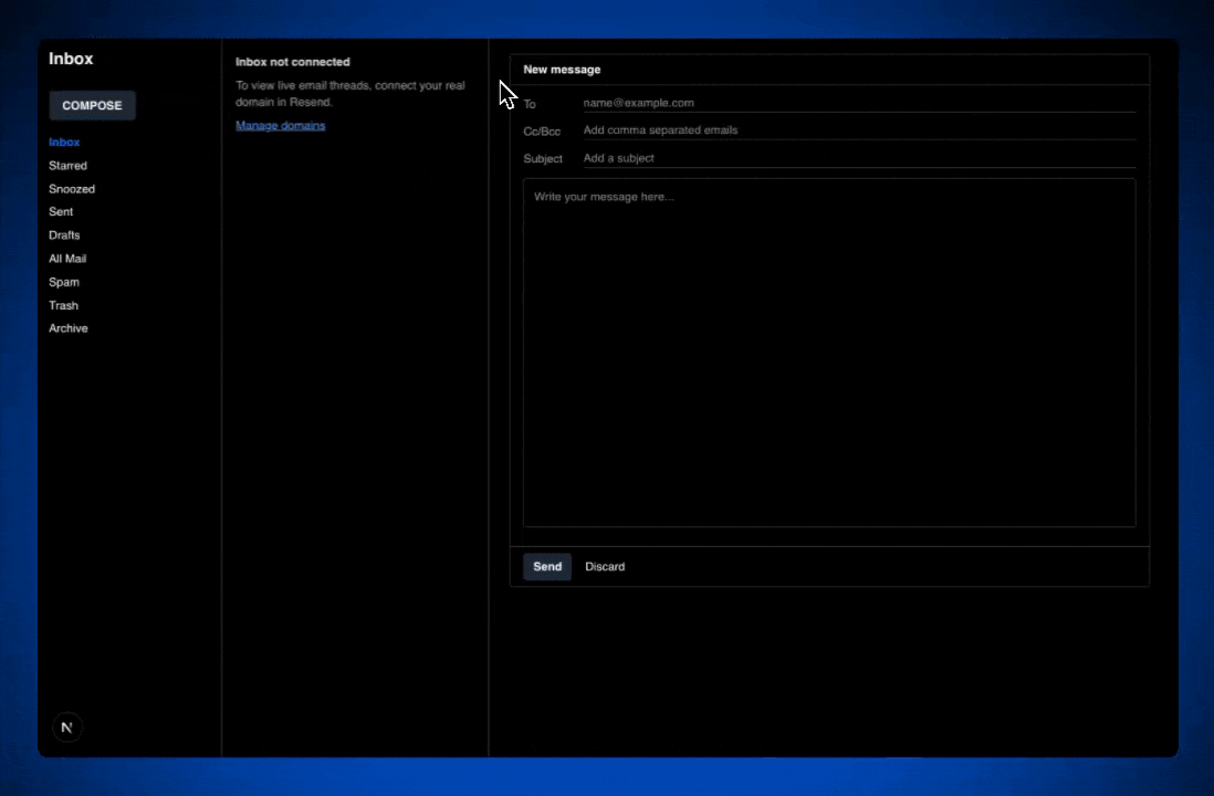 A React wireframe working with Resend in an email messaging system