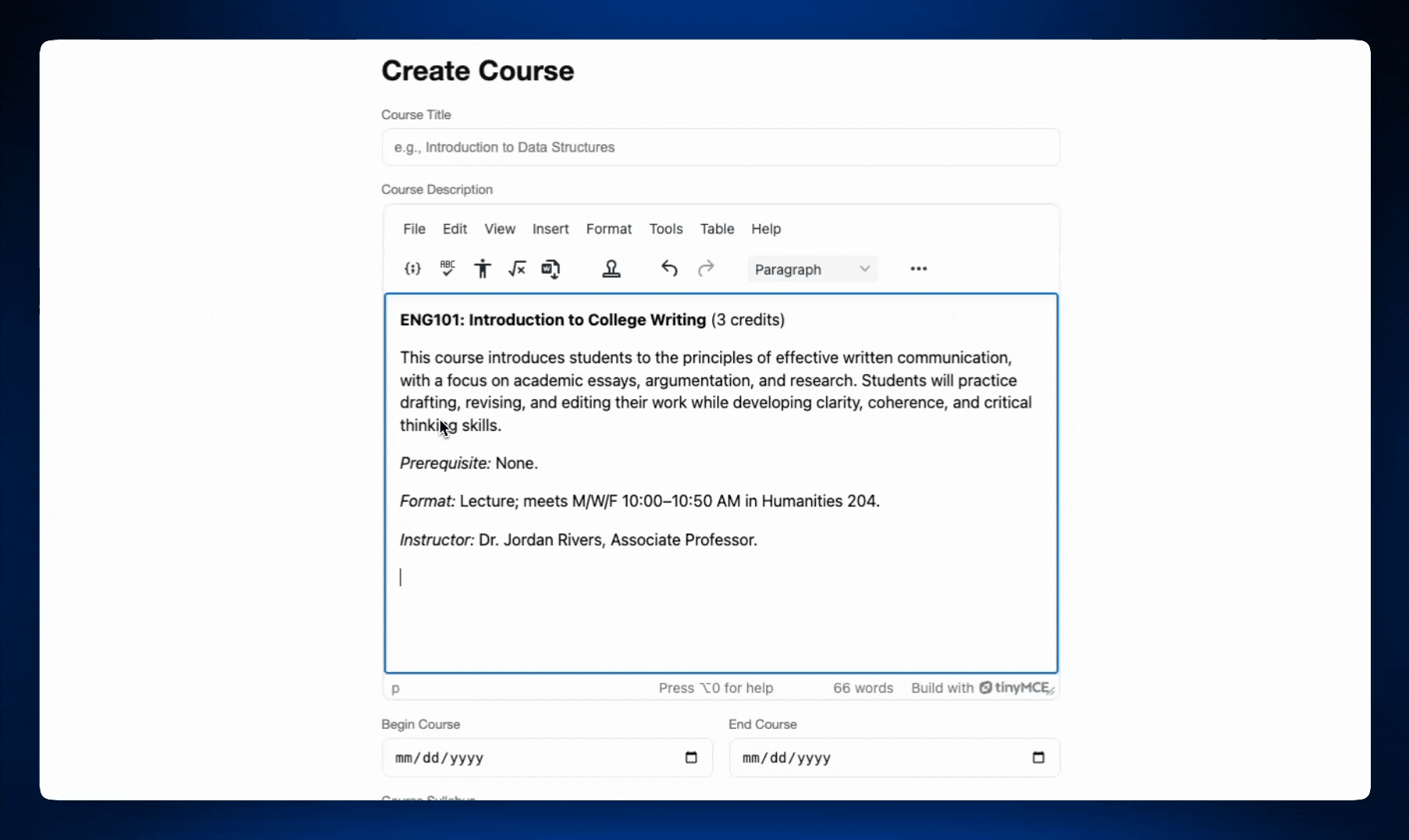 A GIF of a Create Course page inside a Learning Management System using TinyMCE with Code Samples