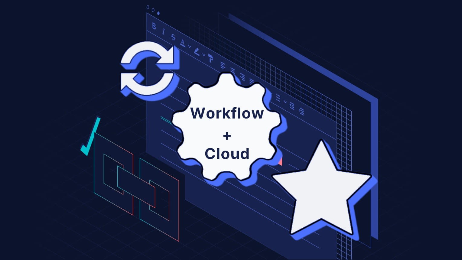 The workflow config in the cloud represented by arrow, gear, and star icons